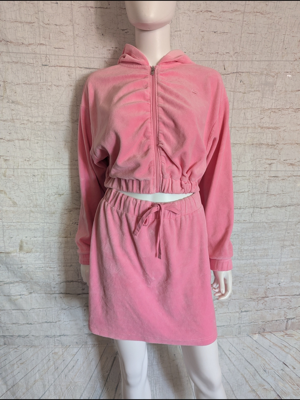 Juicy Couture Bubblegum Pink Velour Zip Hoodie & Drawstring Skirt Set